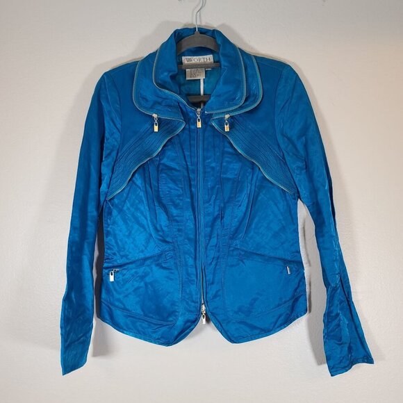 Worth Satin Feel Emerald Blue Jacket Zipper Lined Ruffle Detail Pockets Size 4‎ - Picture 1 of 6
